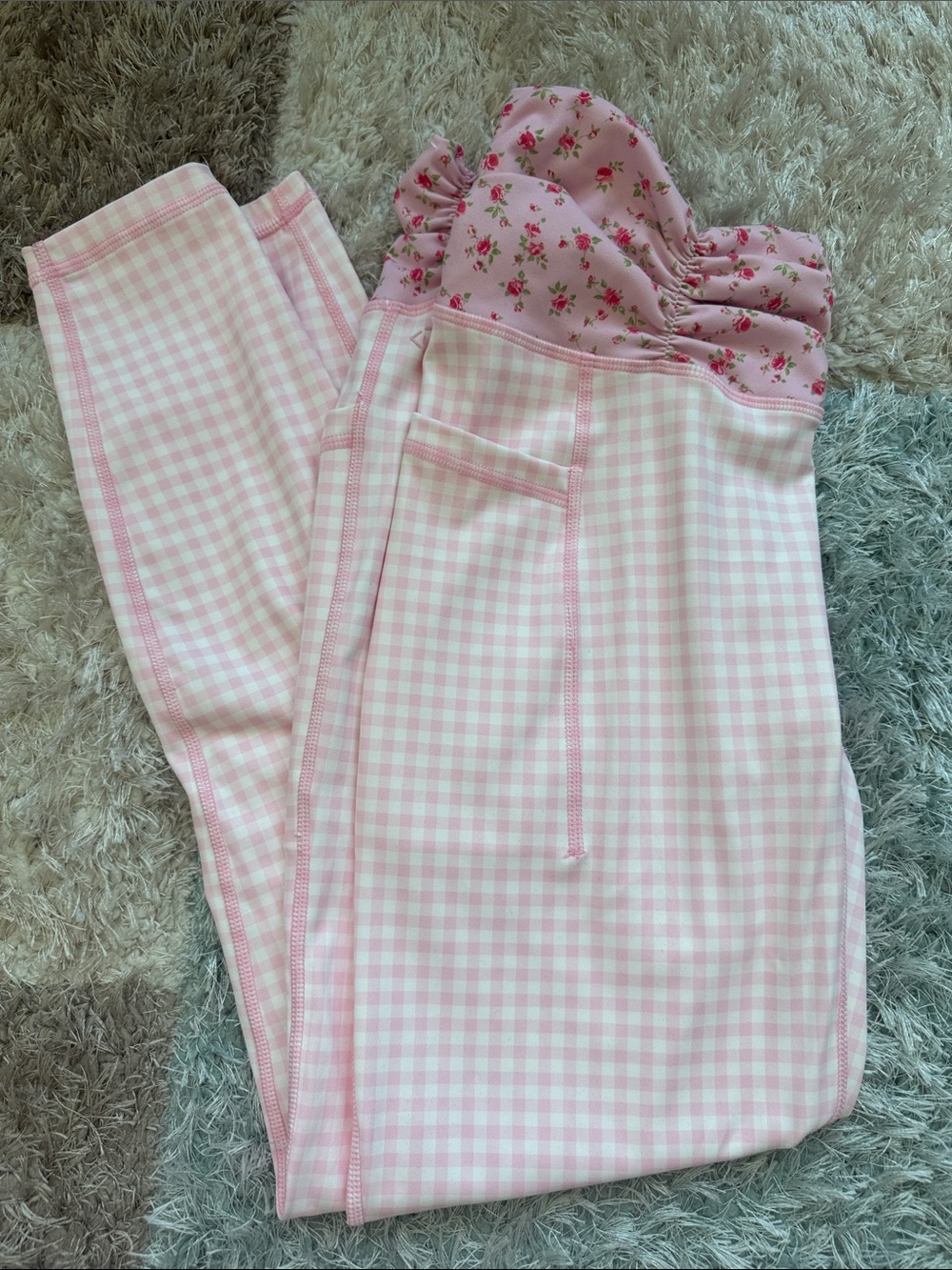 Pink Gingham Women’s Pilates Yoga Workout Leggings with Floral Waistband